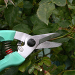 Teal pruning shears, ARS 140DX All-Purpose Shears, are cutting a flower plant.