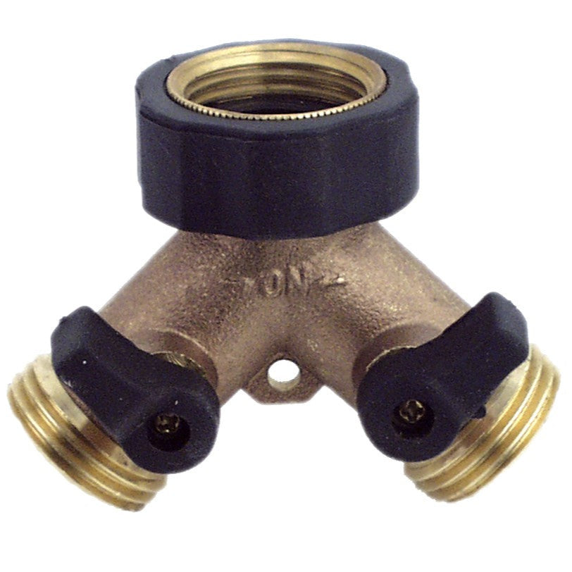 Brass Hose Y with Shut-Offs image on a white background