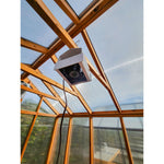 Heat Saver Fan: A view of the product hanging in a greenhouse.