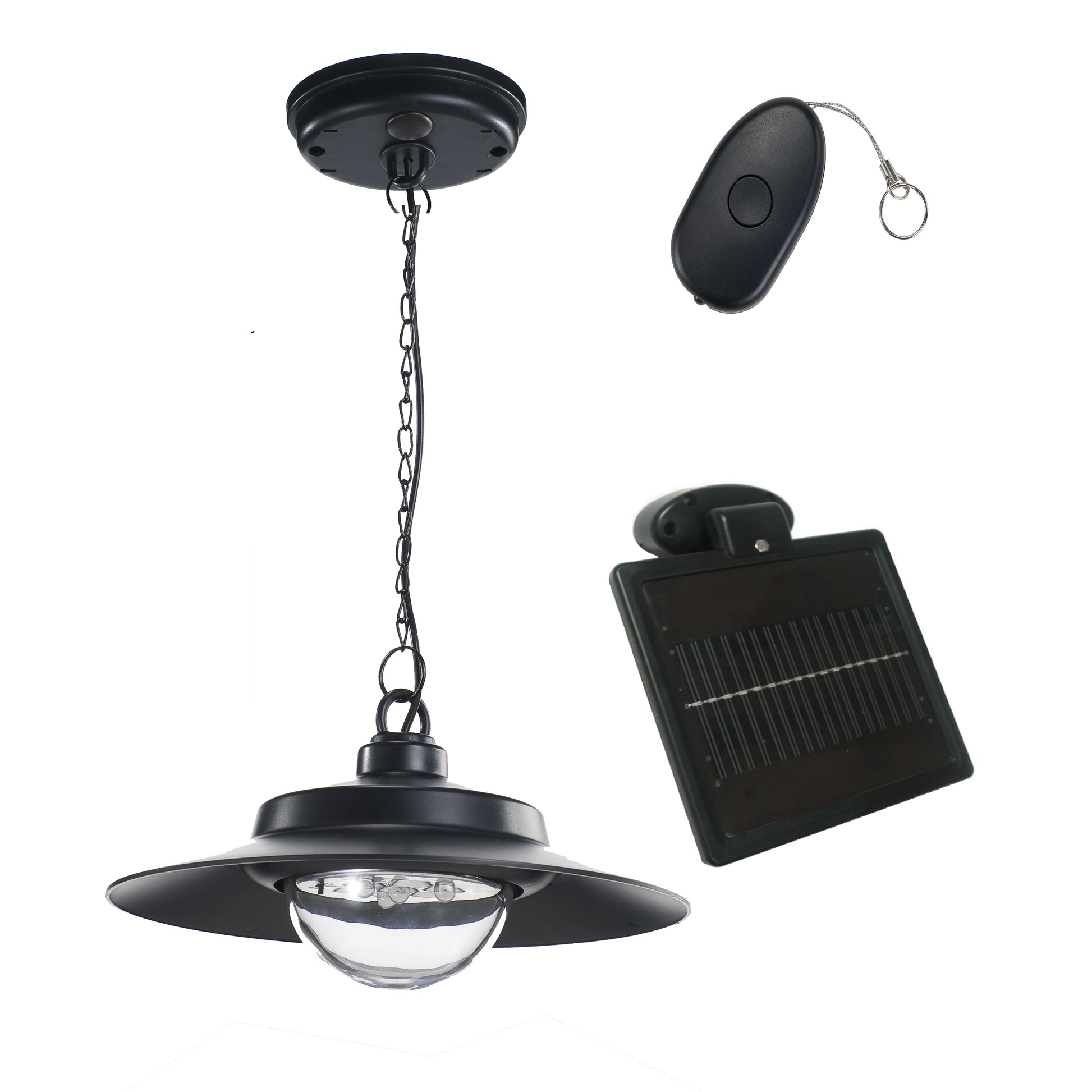 Nature Power Hanging Solar Shed Light, including the LED light fixture, solar panel and remote.