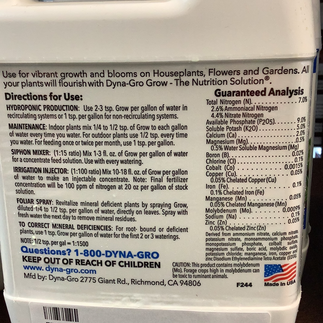 Dyna-Gro Liquid Grow 7-9-5, 1 qt concentrate - back image of the container with the directions for use