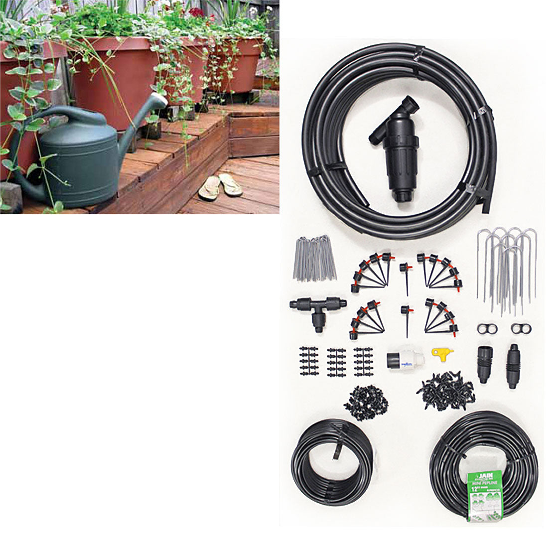 Economy Container Watering Kit - an image showing the various parts of the kit and its outdoor usage