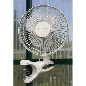 Air King Clip-On Fan – 6": image of the product on the wall of a greenhouse