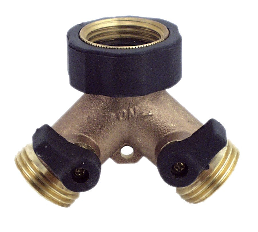 Brass Hose Y with Shut-Offs image on a white background