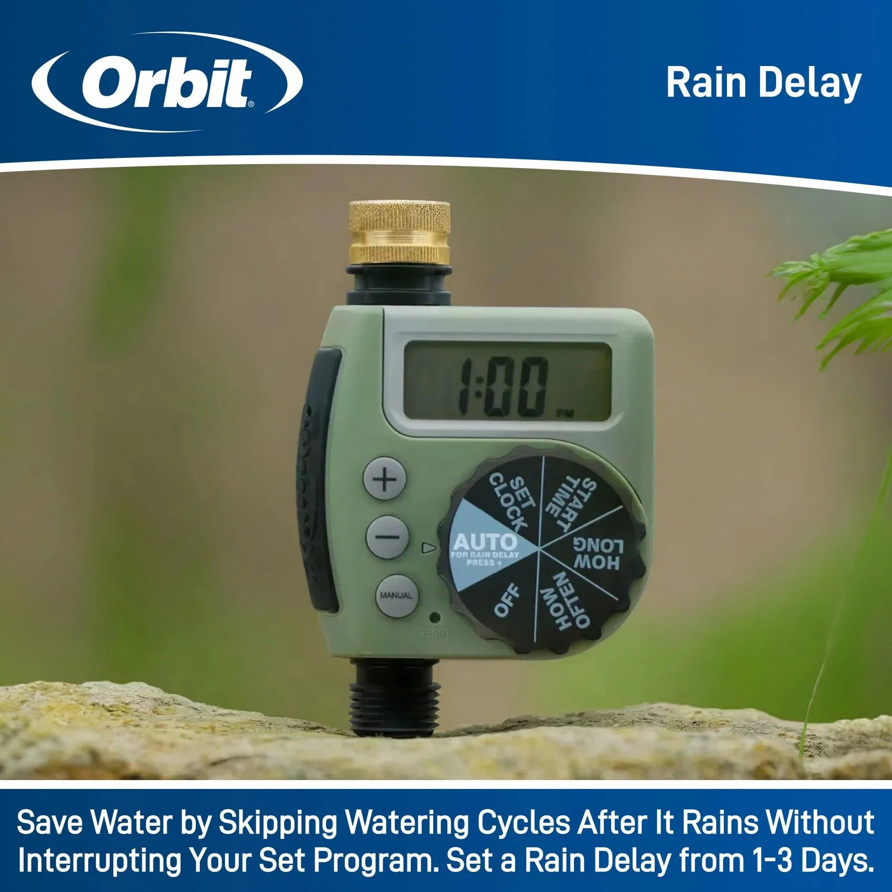 Digital Hose Faucet Timer: image of the product and its rain delay features