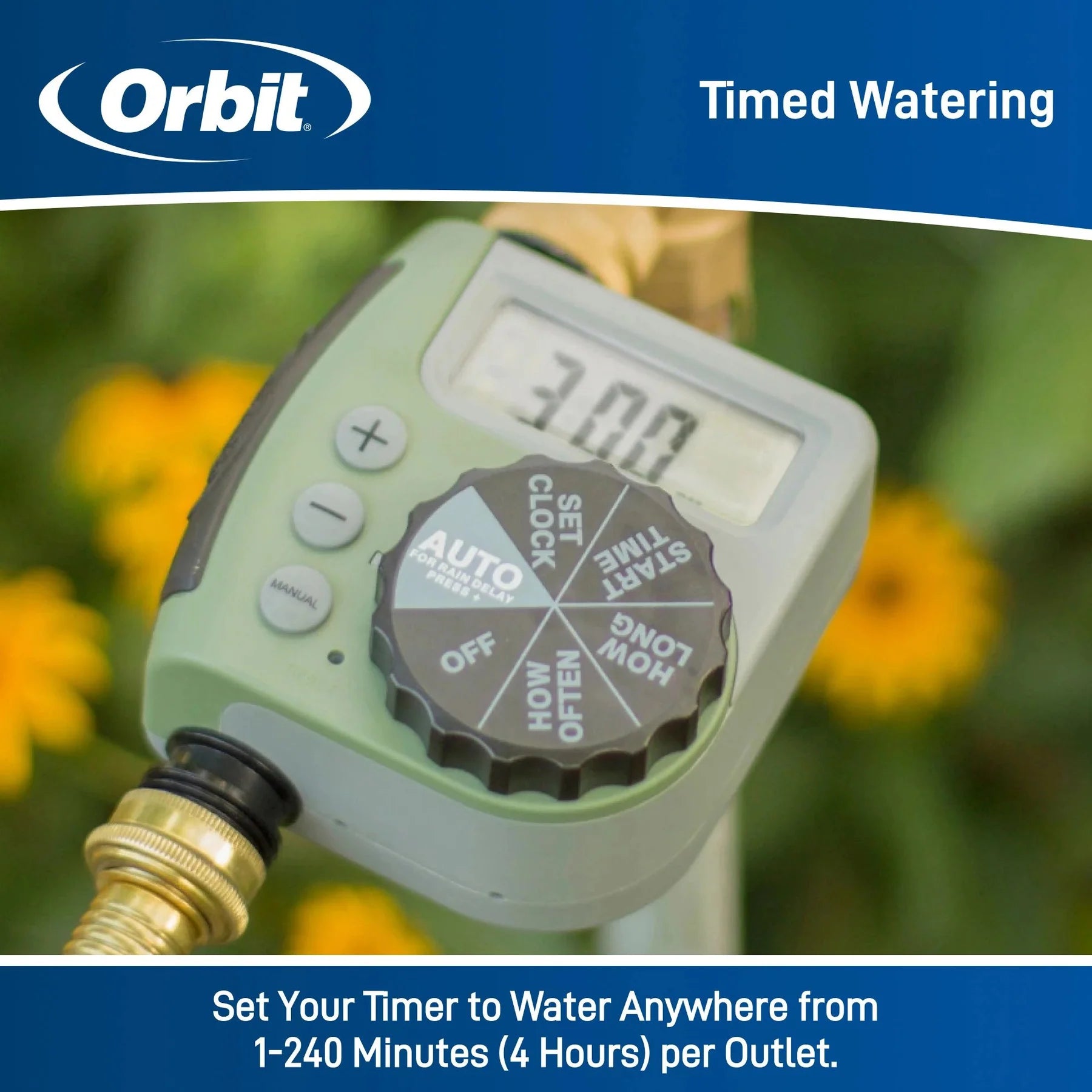 Digital Hose Faucet Timer: product image displaying the timed watering features