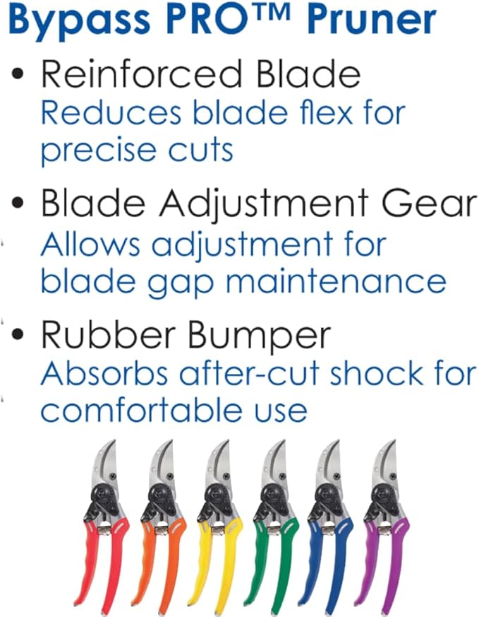 Dramm Bypass Pro™ Pruners come in six colors: red, orange, yellow, green, blue, and purple.