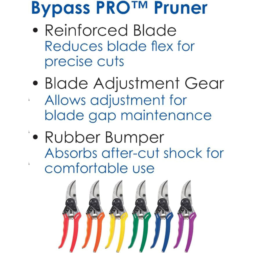 Dramm Bypass Pro™ Pruners come in six colors: red, orange, yellow, green, blue, and purple.
