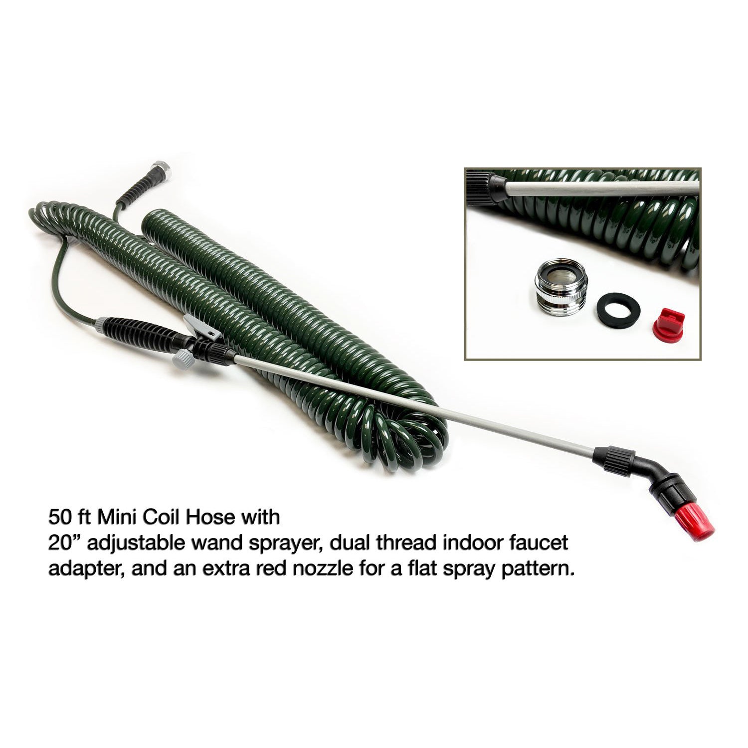 Mini Coil Water Hose and Wand: Image of the product and its various parts.