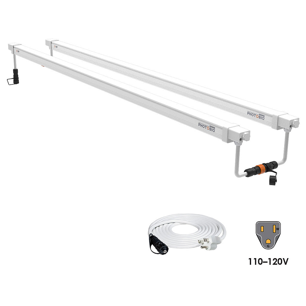 Two Photobio VP 32W LED 4ft light fixtures, each with a 120V power cord, displayed side by side
