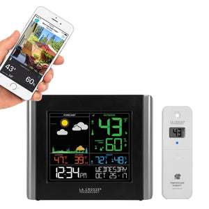 The Remote Monitor Color Weather Station is showcased on a white background, featuring actual products, remote capabilities, and how it appears on the phone app.