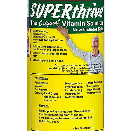 Close-up of a bottle of SUPERthrive® Fertilizer Supplement, showcasing its applications and methods of use.