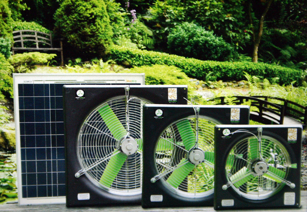 Solar Exhaust Fan System - an image showing three different sizes placed next to each other outdoors