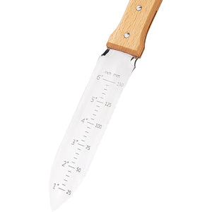 Image of a stainless steel hori-hori knife blade with inch measurements alongside it, set against a white background.