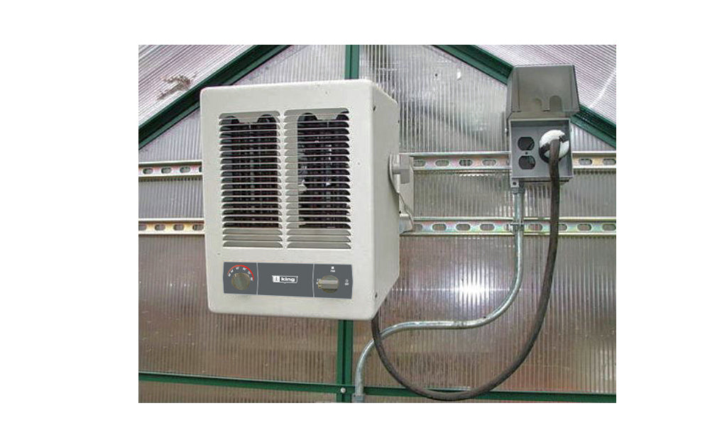 Super Heater 240 Volt: image of the product being attached to a greenhouse wall