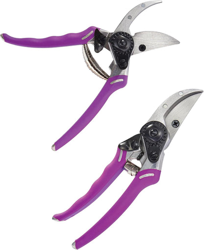 Two purple Dramm Bypass Pro™ Pruners against a white background: one is open, and the other is closed.