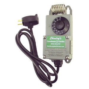 Waterproof Greenhouse Thermostat image with its black cord against a white background
