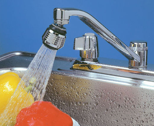 Whedon Super Spray Faucet Aerator SU7C Leaf is shown in use on a faucet, with water flowing out