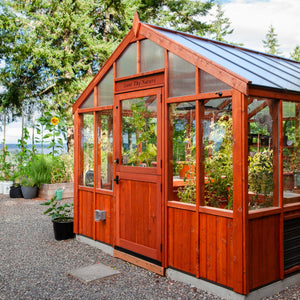 Charley's Alpine Insulated Cedar Greenhouse with double glass glazing, ponywall, and dutch door - Heritage Wood Greenhouse from Charley's Greenhouse & Garden