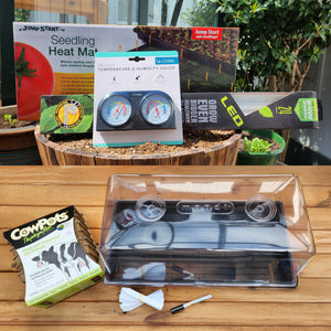 Charley's Greenhouse & Garden Supply Basic Veggie Garden Starter Kit including 24" SunBlaster Grow Light, Seedling Heat Mat, Indoor Temperature & Humidity Gauge, Mondi Mini Greenhouse, CowPots, and more!