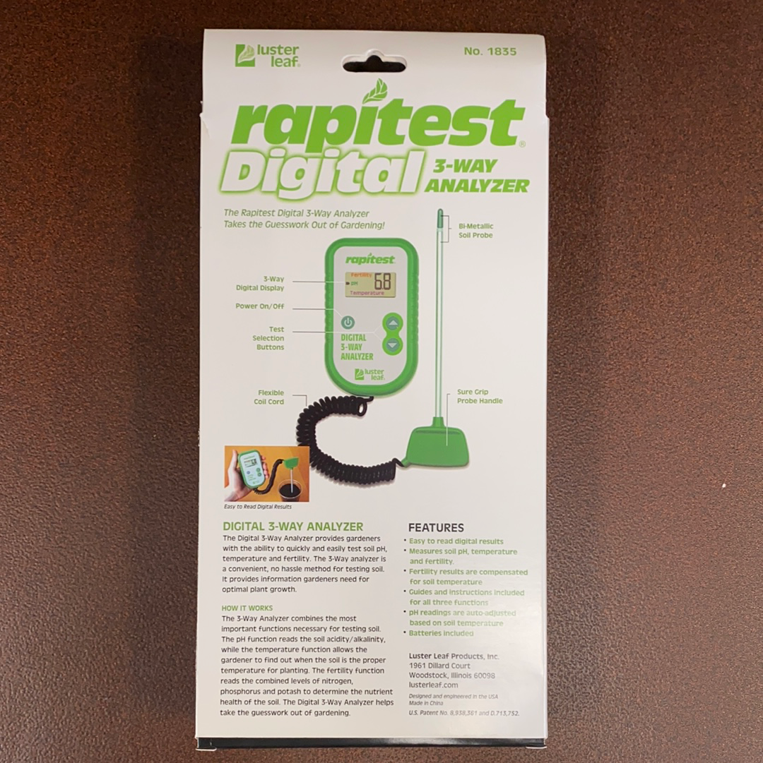 Digital 3-Way Soil Analyzer - details on its features and operation are on the back of the packaging.
